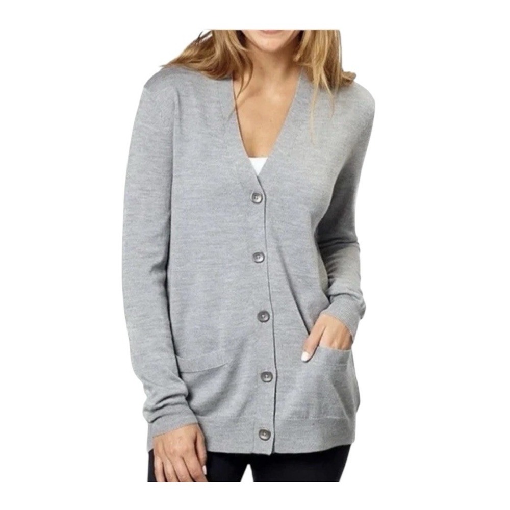 Kirkland Signature Womens 100% Extra Fine Merino Wool Cardigan L Gray Long Lineโ